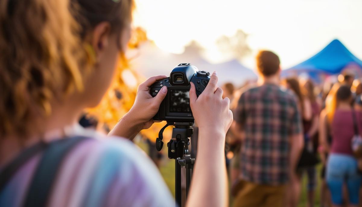 A photographer obtaining consent from festival attendees before taking their photo