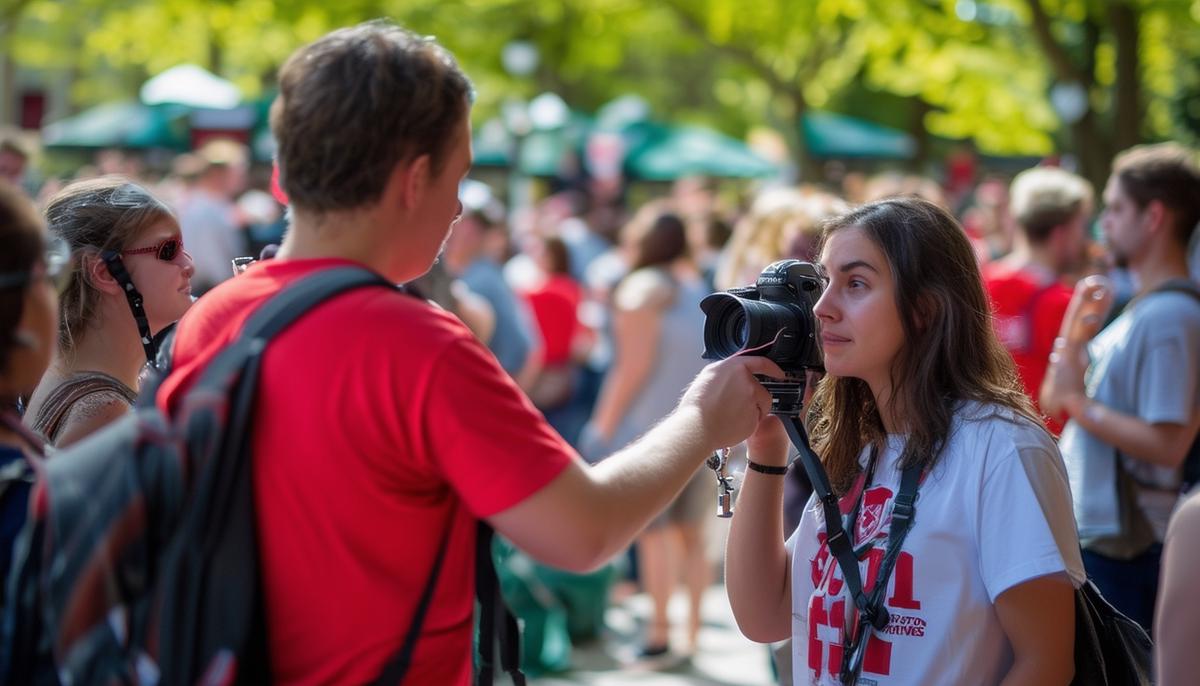 A photographer obtaining permission from subjects at a Boston University event