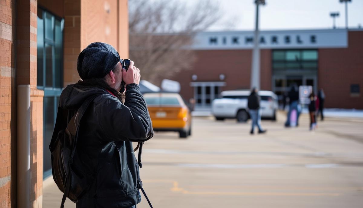 A frustrated sports photographer standing outside a high school sports venue in Minneapolis, unable to enter due to new restrictions