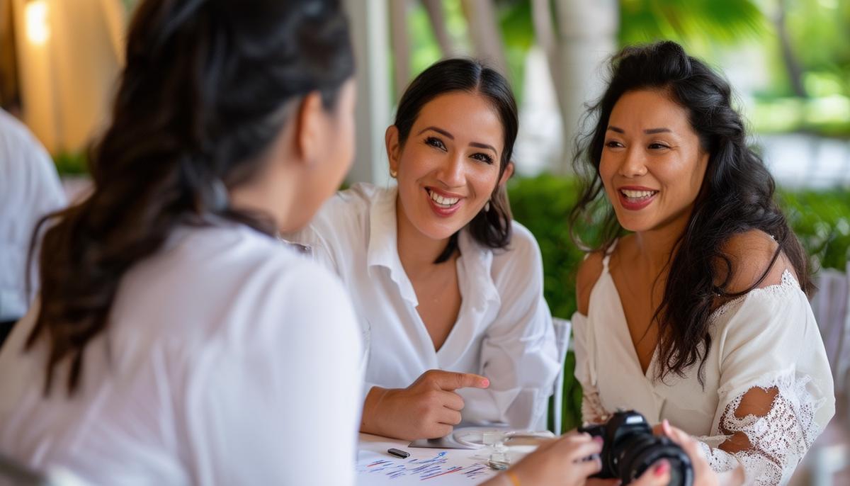 A Miami event photographer having a friendly consultation with a client, personalizing photography packages
