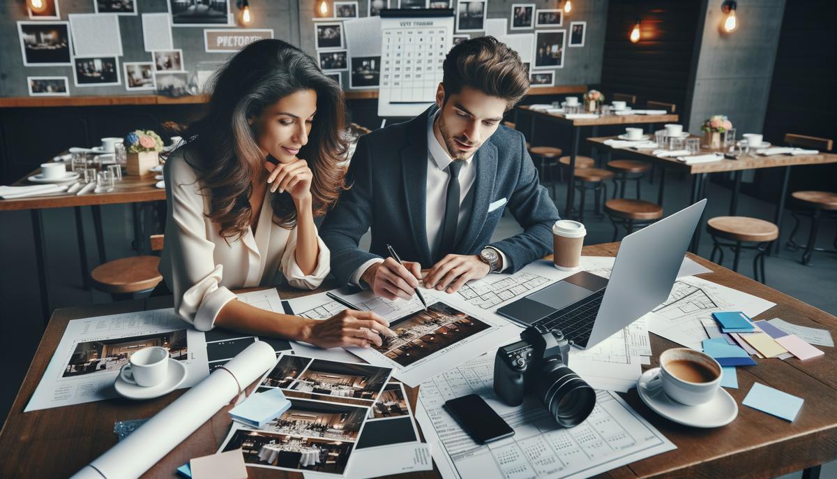 An event photographer and client discussing event details and creating a shot list in preparation for an upcoming event