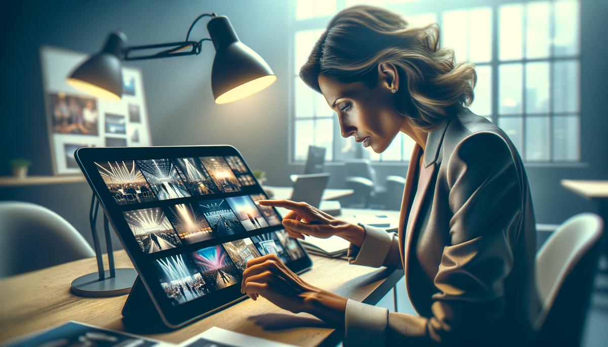 A client reviewing a photographer's portfolio of trade show images on a tablet