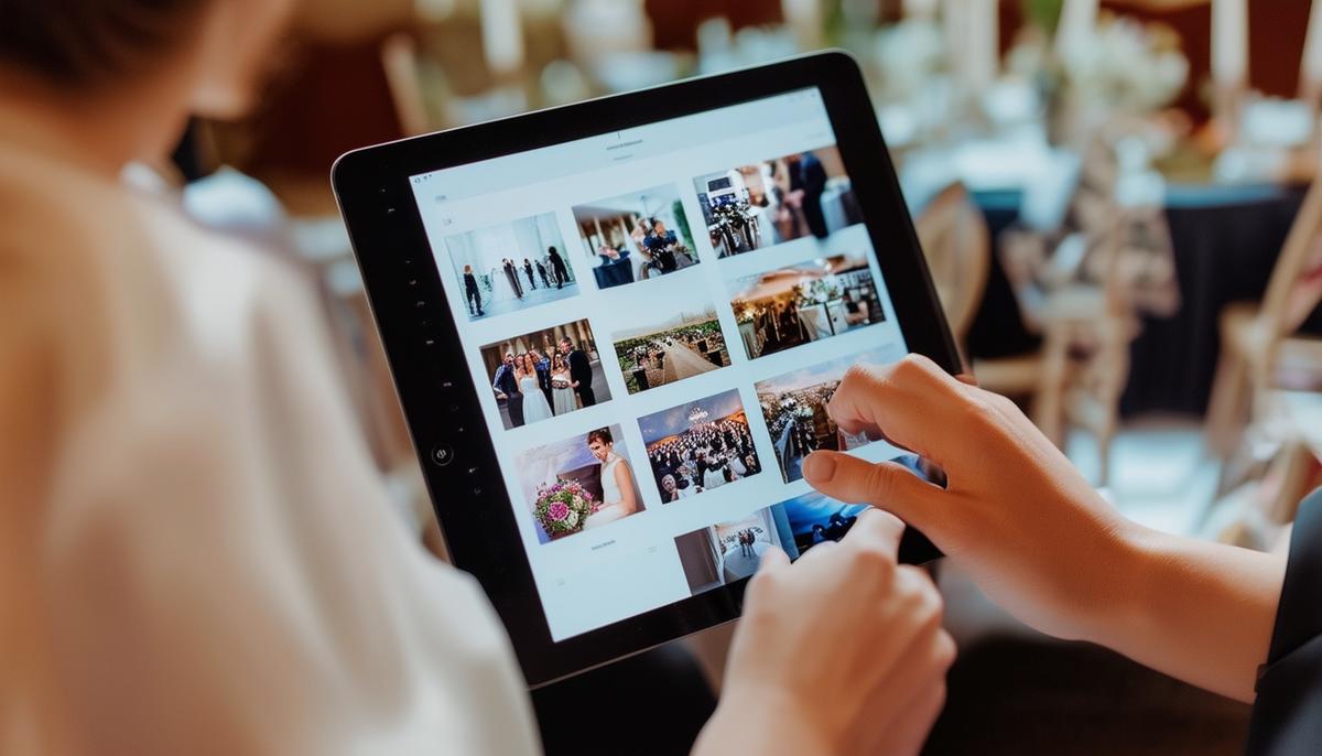 A person reviewing a photographer's portfolio on a tablet, showing various styles of event photography