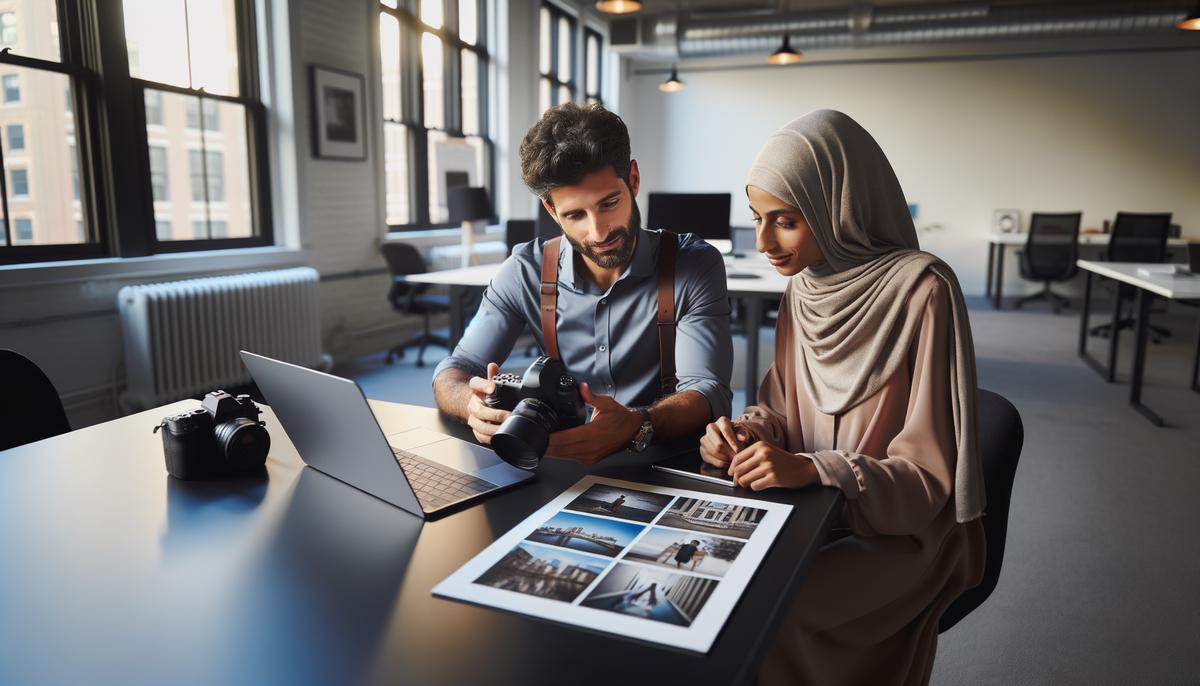 A charity event organizer reviewing a photographer's portfolio