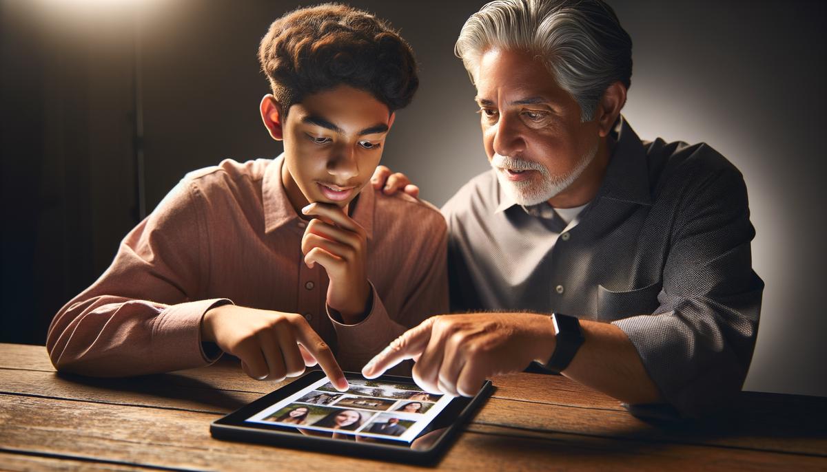 A high school senior and parent reviewing a photographer's portfolio on a tablet