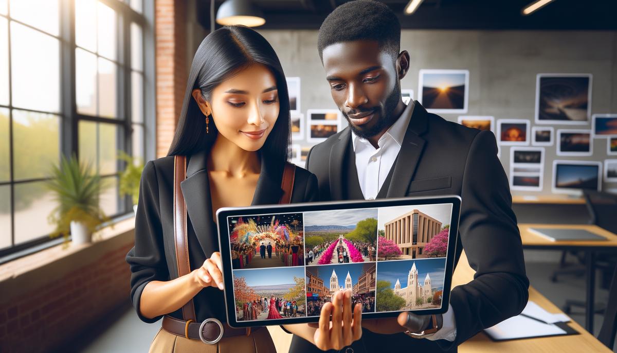 A client reviewing a photographer's portfolio with diverse Albuquerque event photos