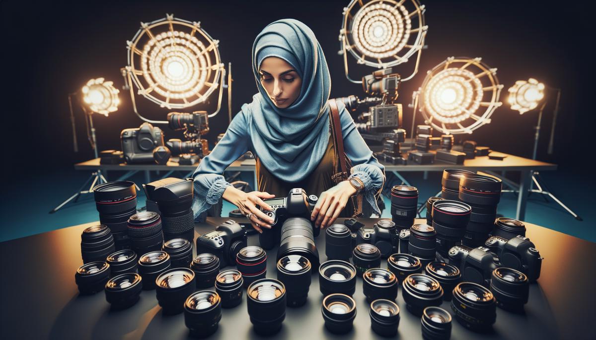 A photographer carefully organizing and checking their camera gear before a product launch event