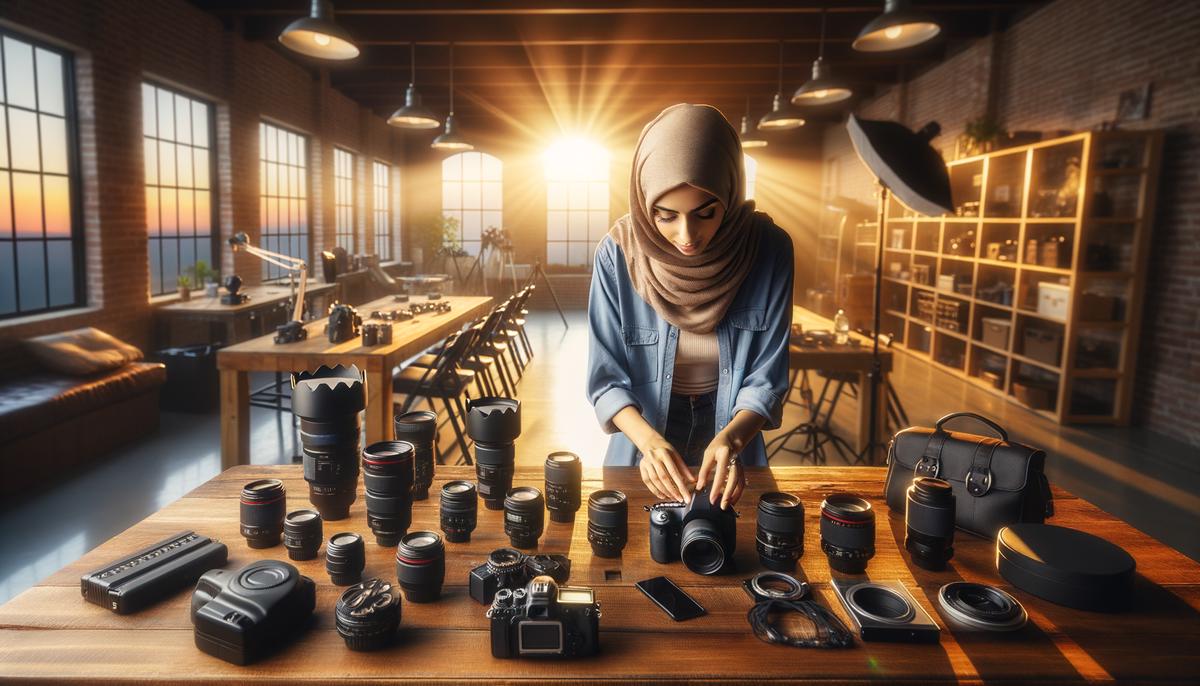 A photographer organizing camera gear and lighting equipment before a studio shoot