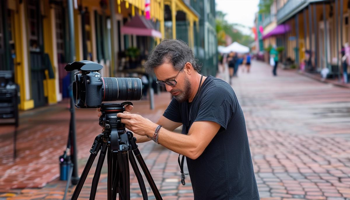 Photographer preparing equipment for the French Quarter Festival