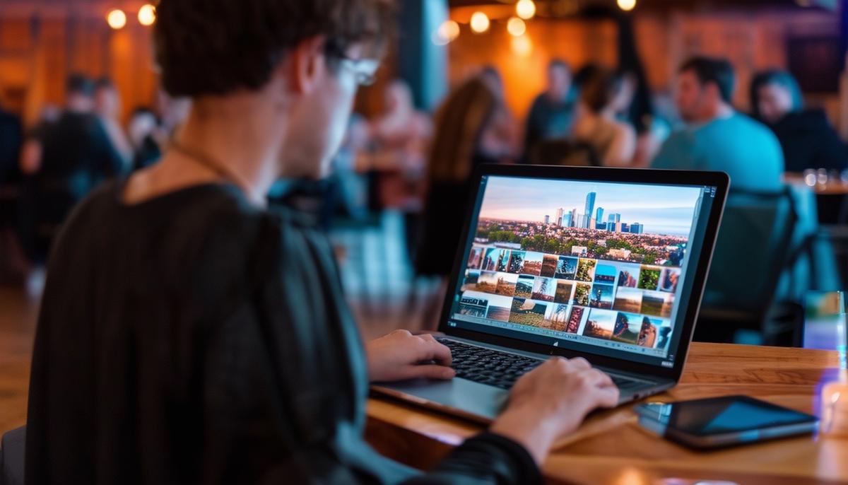 A Nashville event photographer rapidly editing photos on a laptop immediately after an event