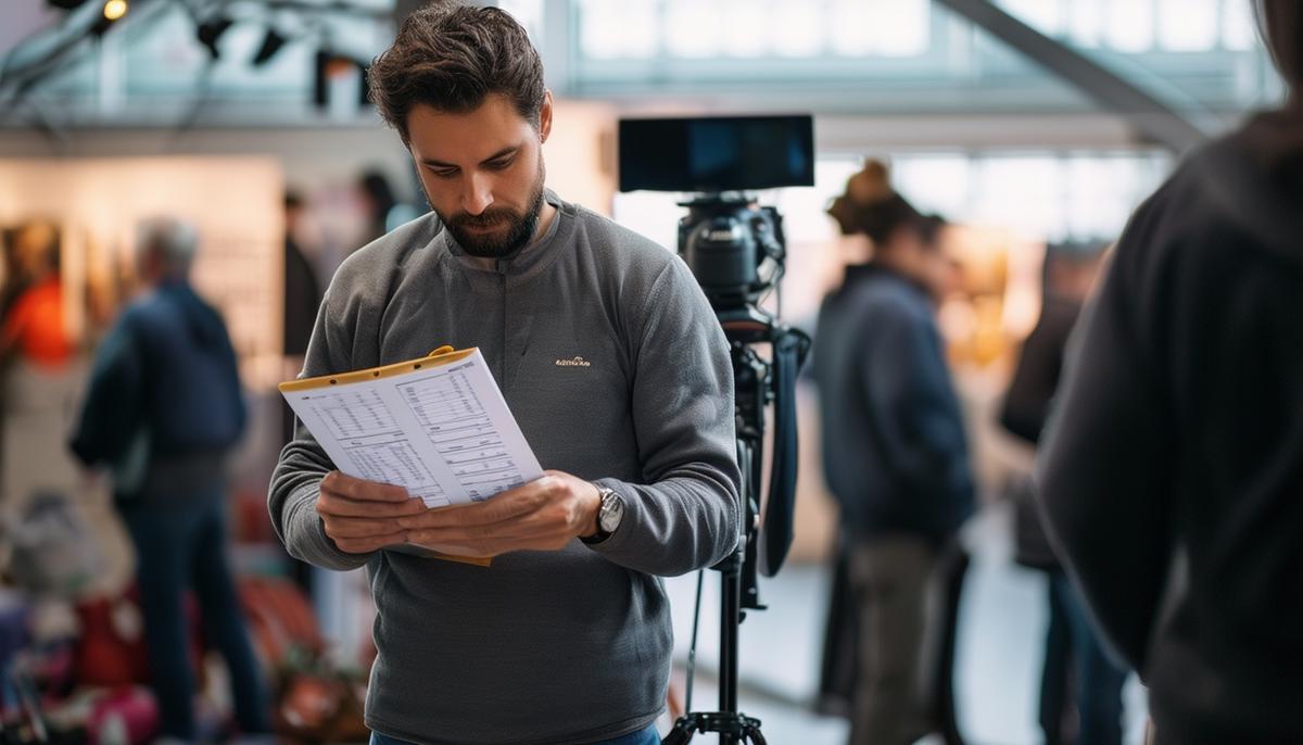 A photographer reviewing an event agenda and preparing equipment before an expo