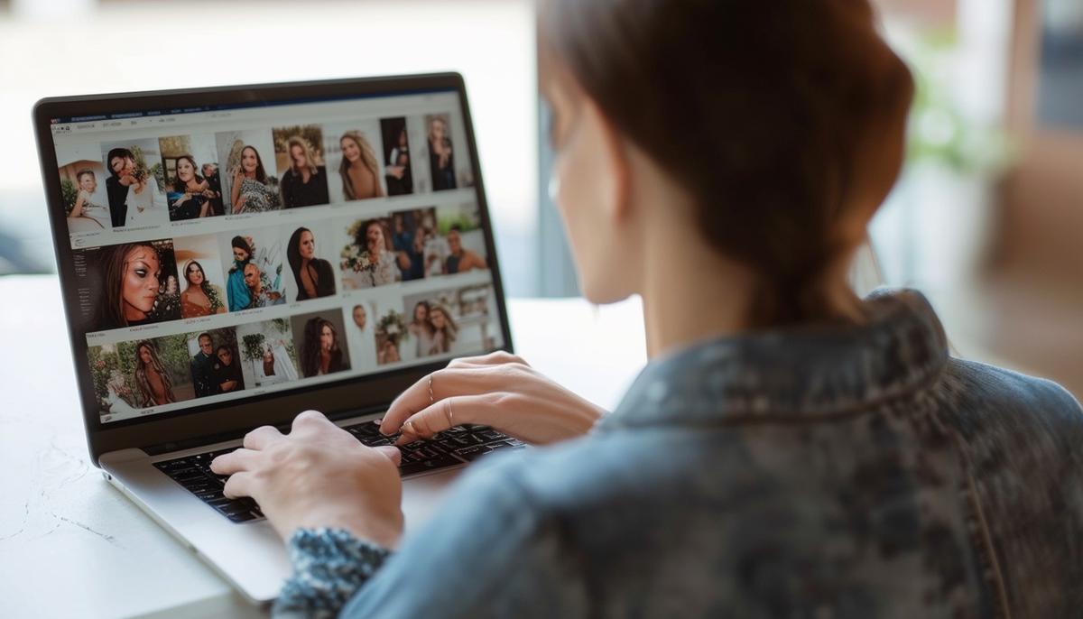 A potential client reviewing a photographer's portfolio on a laptop