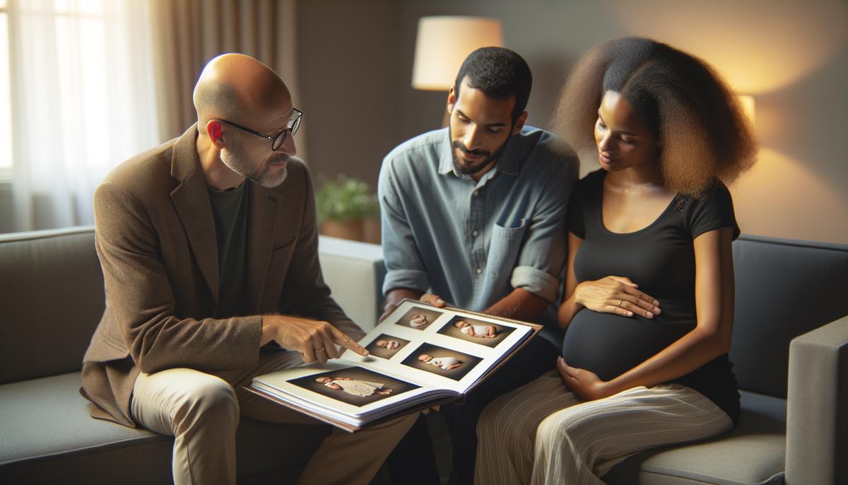 A photographer and an expectant couple reviewing a maternity photo portfolio in a cozy studio in Conway