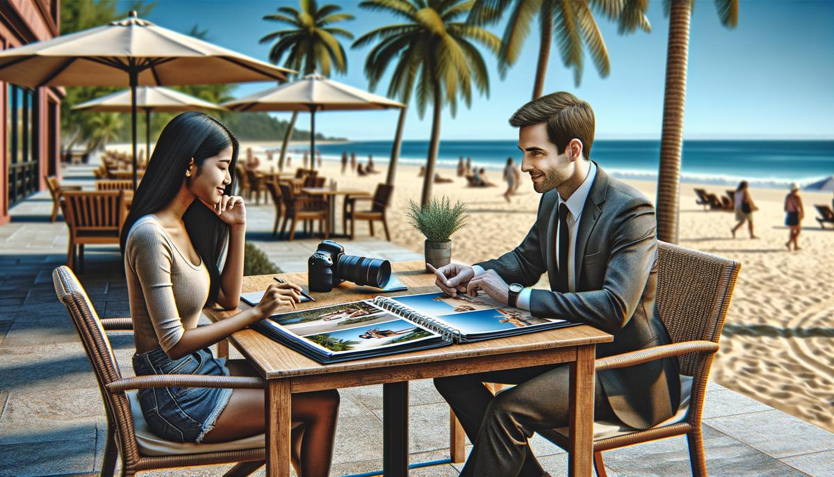An event photographer reviewing their portfolio with a client in a Palm Beach setting