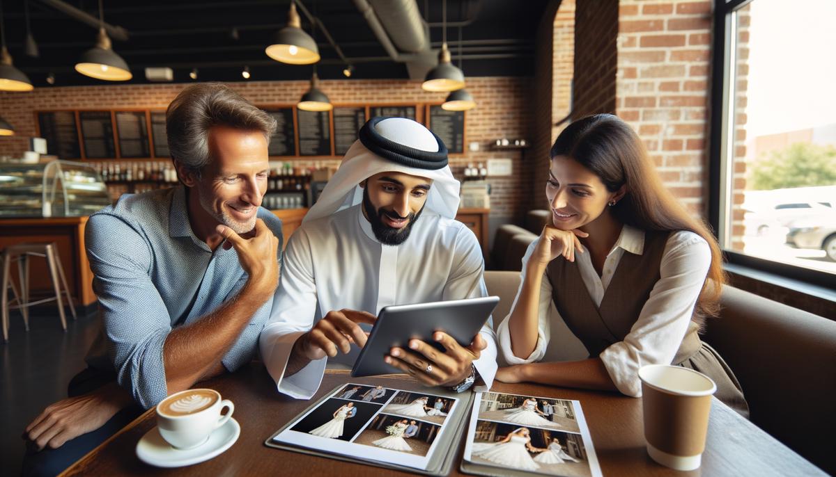 A wedding photographer reviewing their portfolio with a couple in a Tampa coffee shop