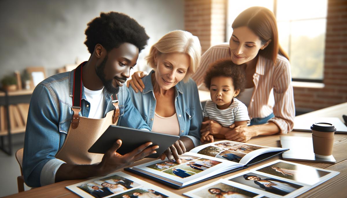 A photographer and a family reviewing a diverse portfolio of family photographs together