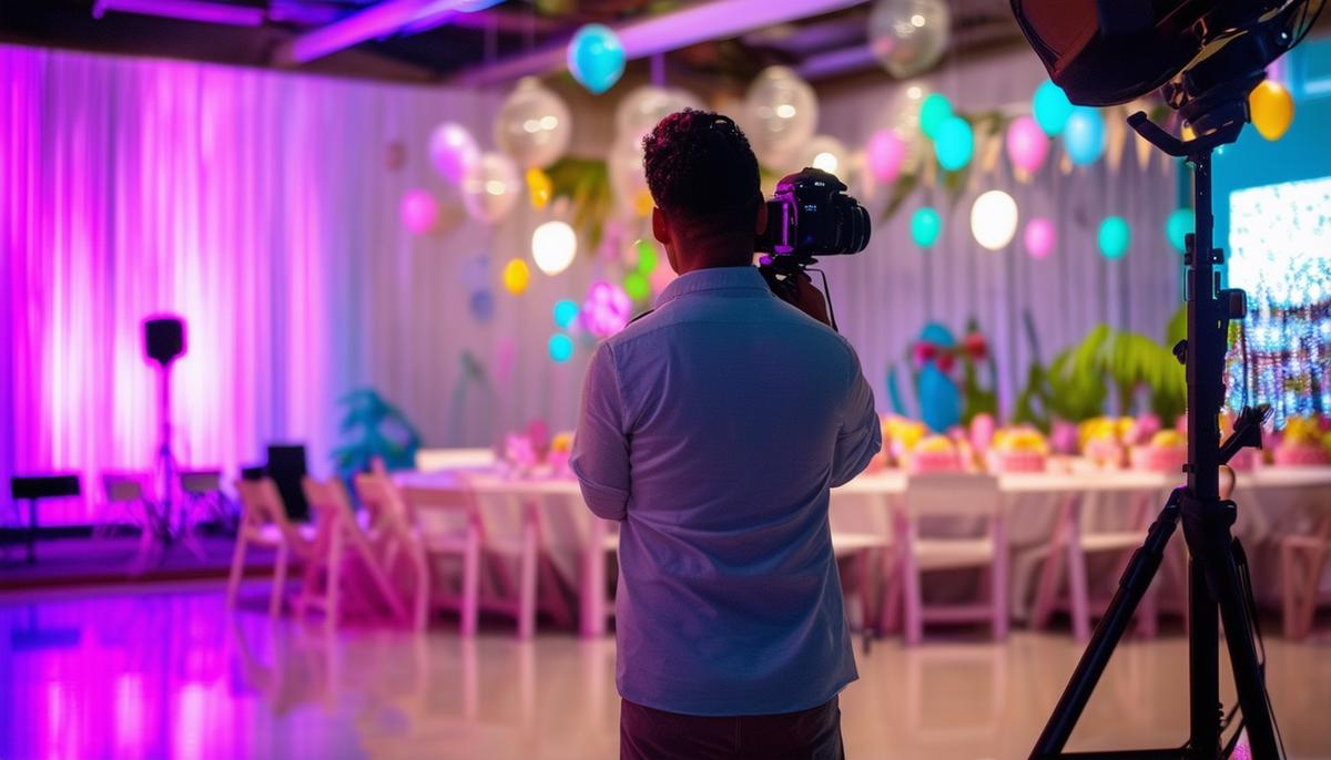 A photographer scouting a venue in Miami for a birthday party photoshoot, considering lighting and backgrounds
