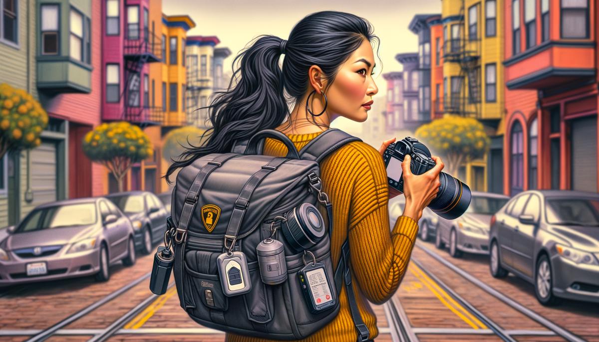 A conscientious photographer taking steps to safeguard their valuable camera equipment while on a shoot in San Francisco, using anti-theft devices and staying vigilant in their surroundings.