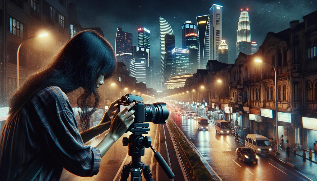 A photographer setting up a tripod on a city street at night, preparing to capture a long exposure shot of the Houston skyline. The photographer's face is not visible, with the focus on their hands adjusting the camera settings and the tripod legs.