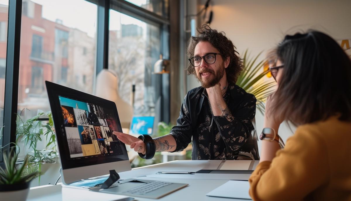 A concert photographer presenting their portfolio to a music publicist in an office setting