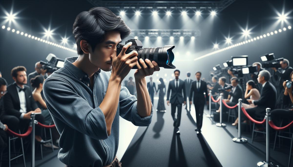 A red carpet photographer uses advanced camera equipment, including a high-performance camera and specialized lenses, to capture sharp, detailed images in challenging lighting conditions.