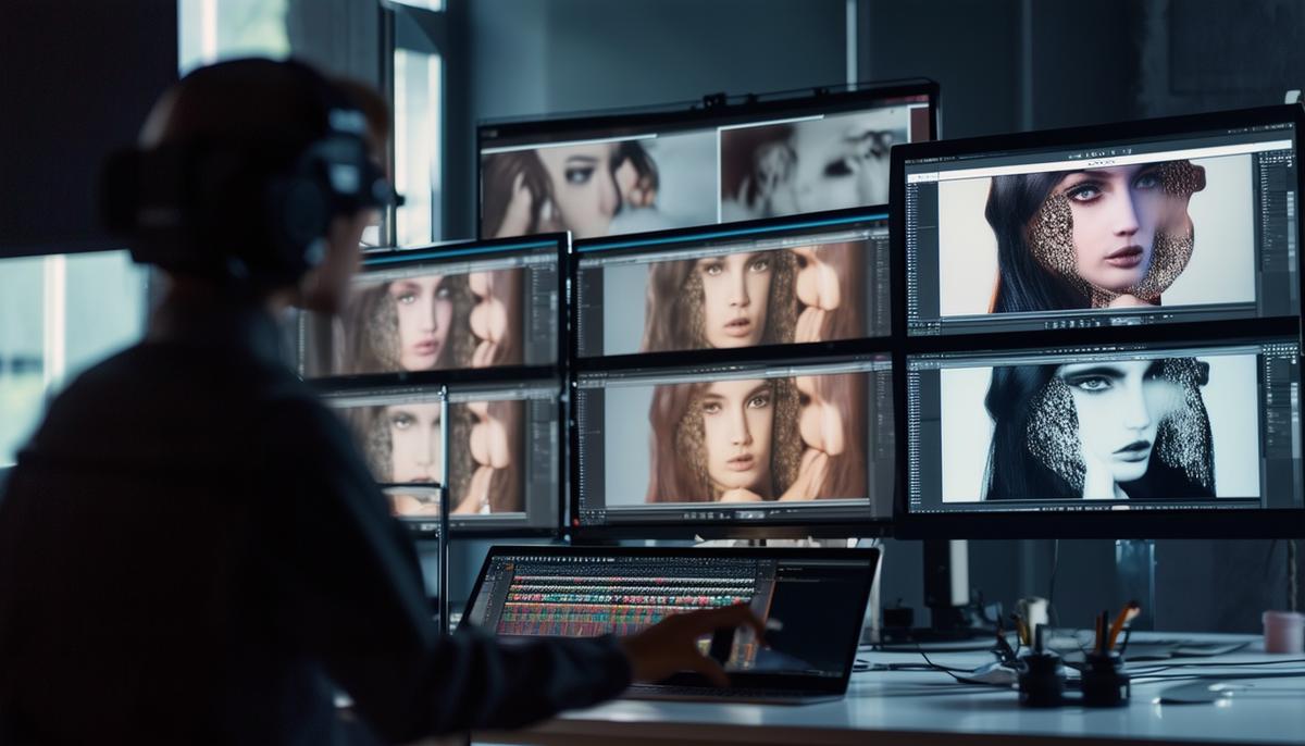 A photographer using advanced AI software for post-production of art event photos, with multiple screens displaying before and after images