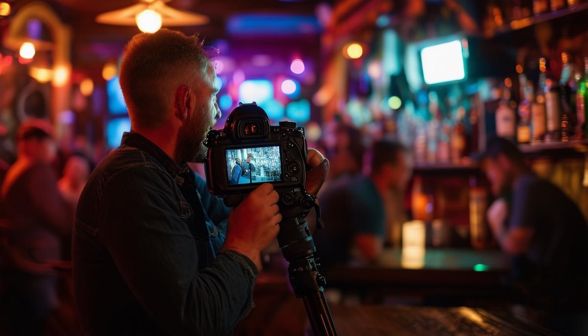 A photographer using direct flash to capture a scene in a dimly lit Nashville bar