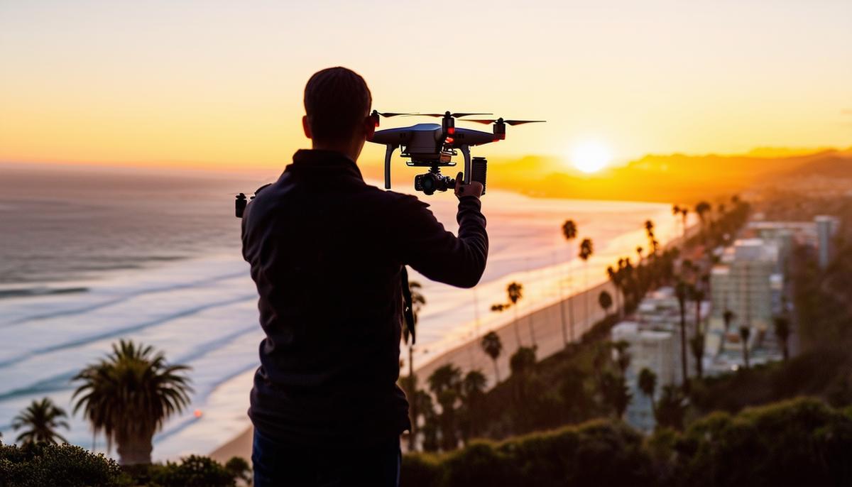 A photographer operating a drone for an aerial shot in San Diego