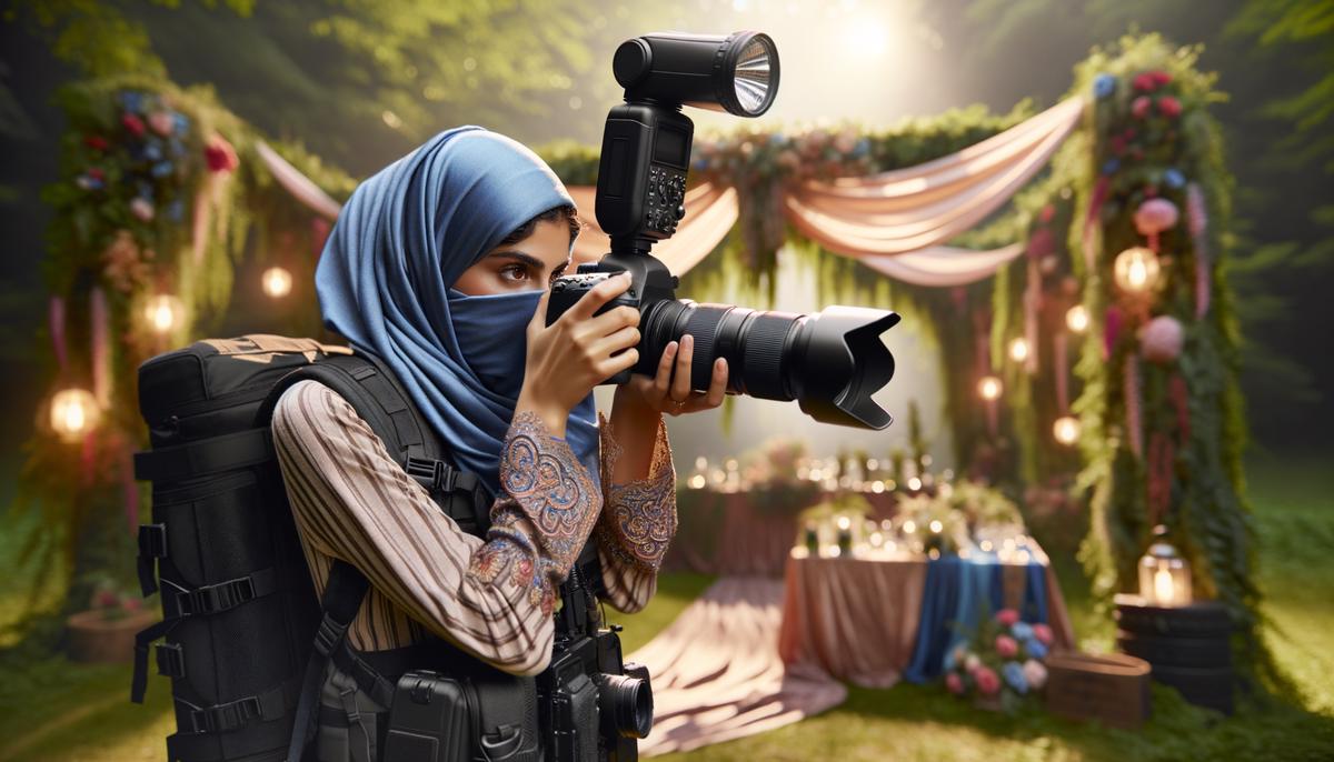 A professional photographer skillfully adjusting their camera equipment while working outdoors.
