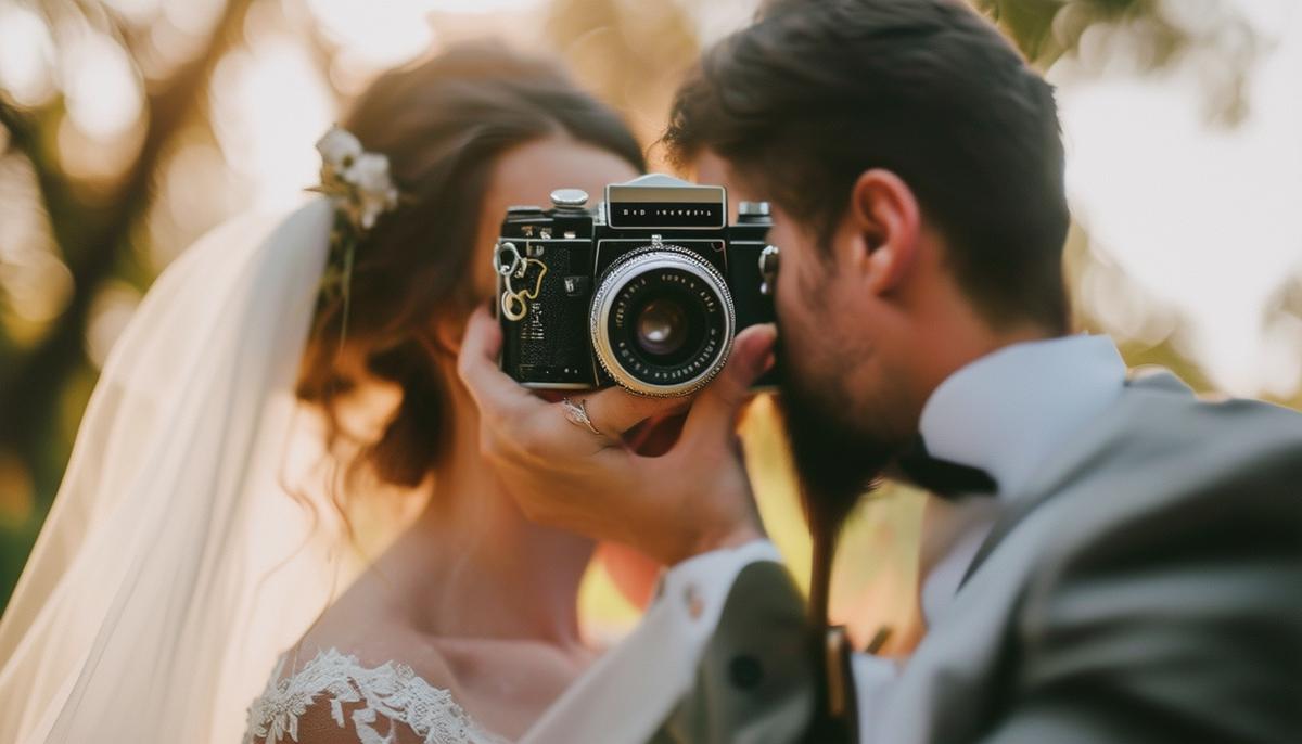 A wedding photographer using a vintage film camera to capture a romantic moment