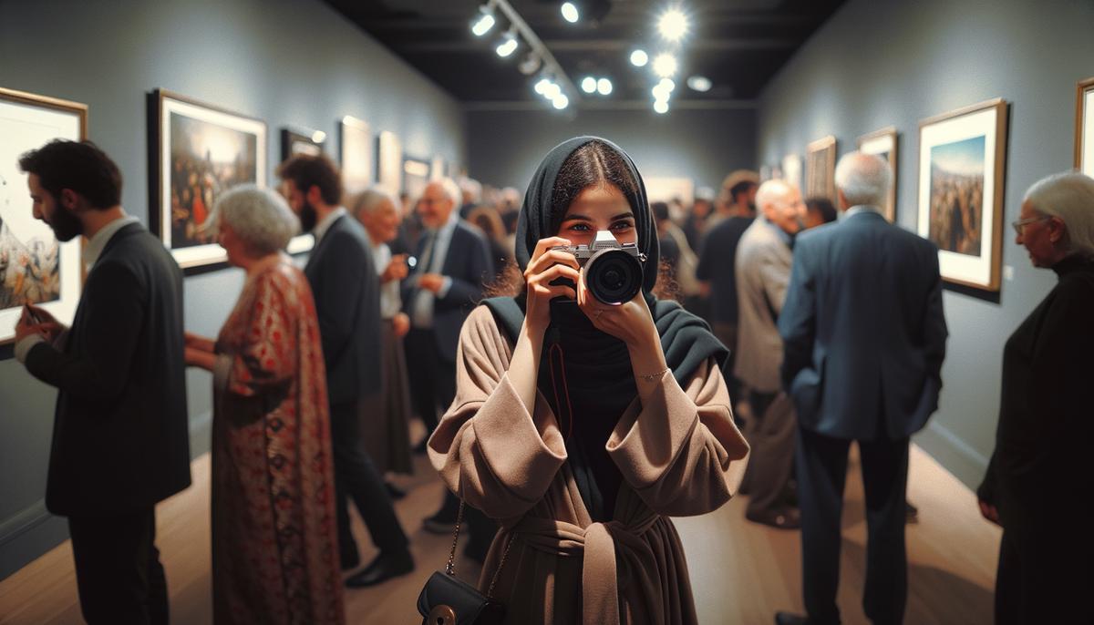 A photographer using a full-frame mirrorless camera to discreetly capture candid moments at an art gallery opening in Washington, DC
