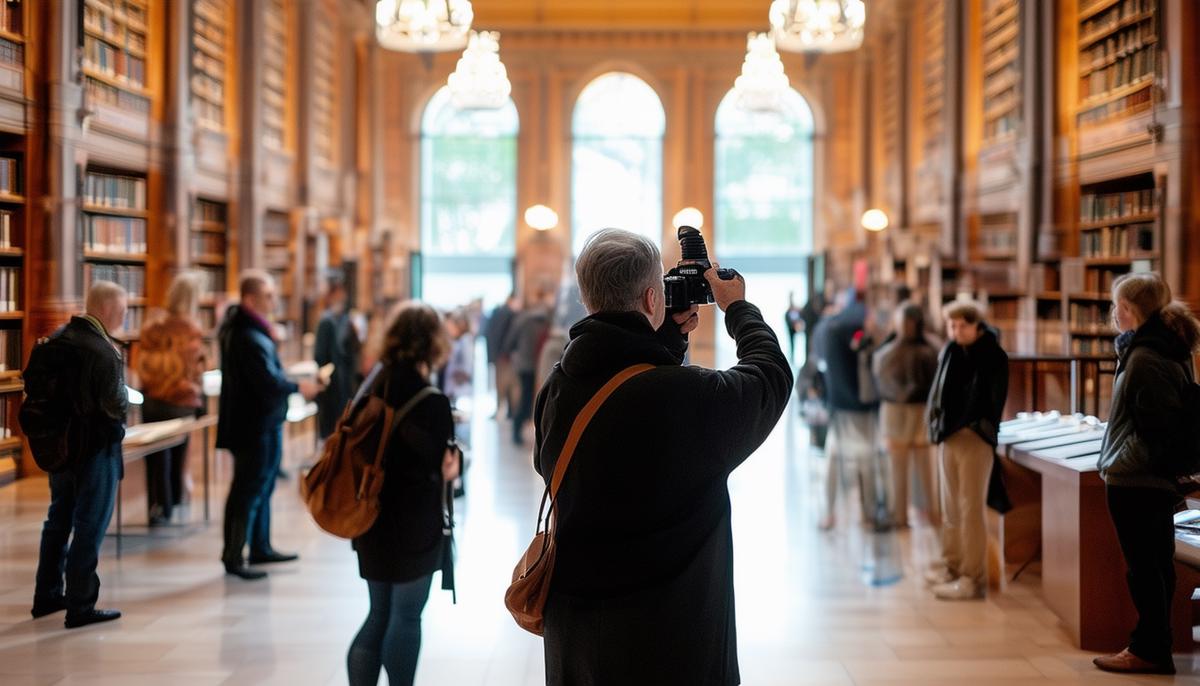 A photographer conducting a pre-event walkthrough at Boston Public Library