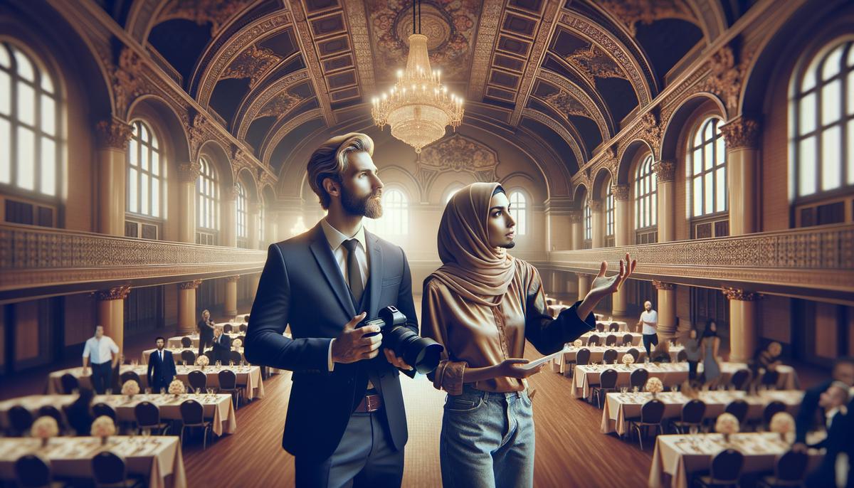 A photographer and event planner doing a walkthrough of a Dallas event venue