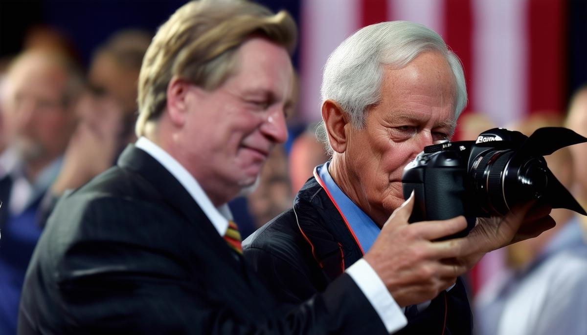 A photographer working with notable politicians during a campaign event