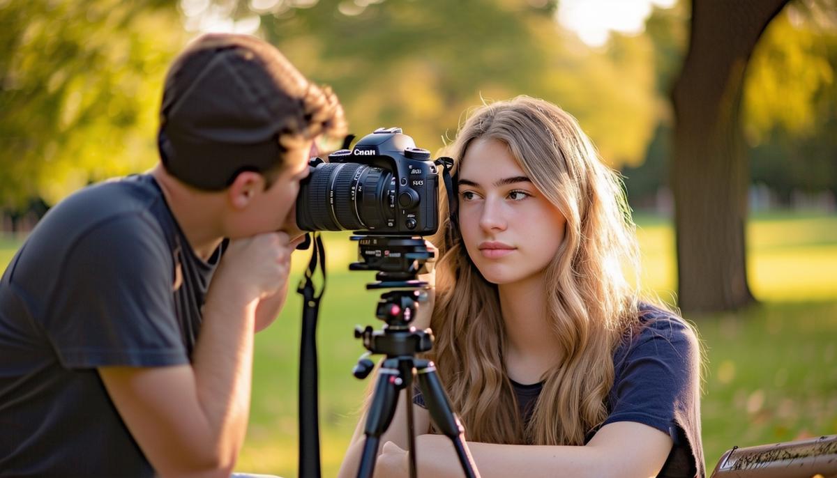 A photographer working with a high school senior during a portrait session in a park