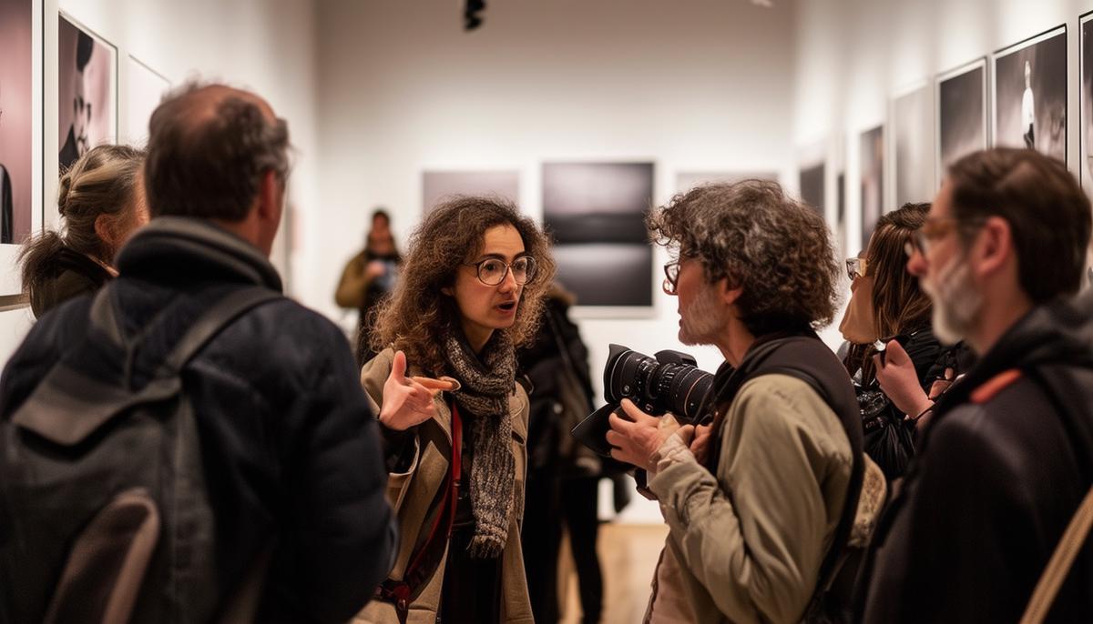 A group of photographers of various ages and backgrounds engaged in lively discussion at a photography exhibition, surrounded by stunning prints on the walls.