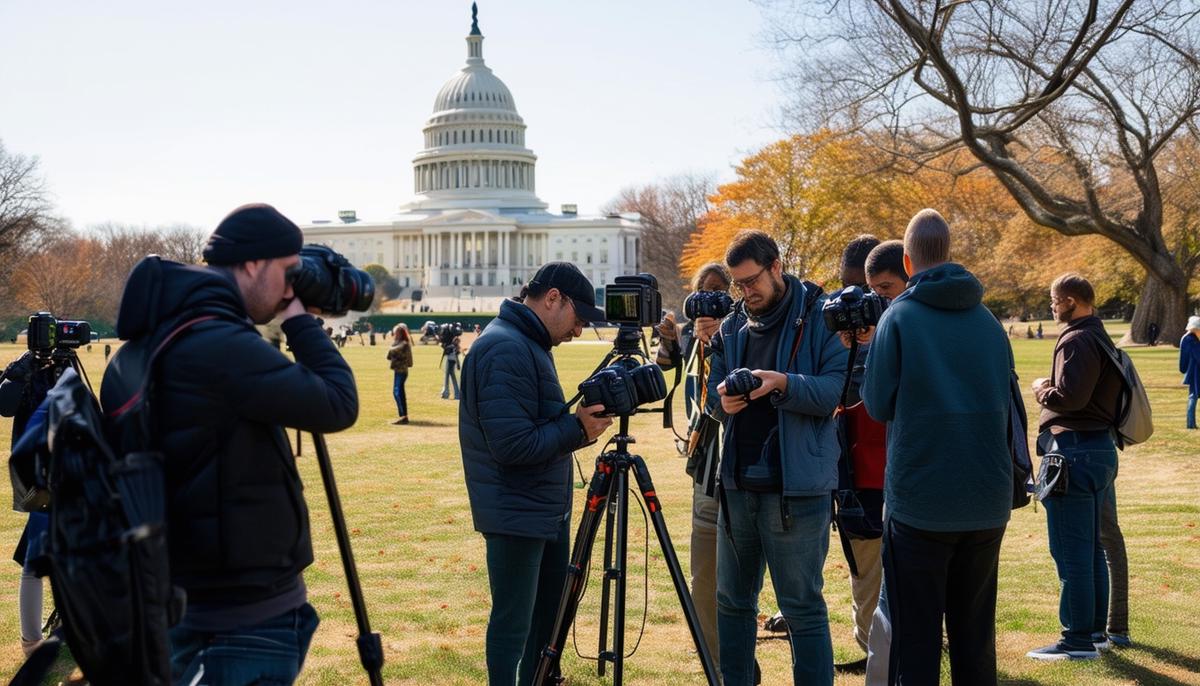 A group of photographers in a DC park comparing shots on their camera screens, surrounded by photography equipment