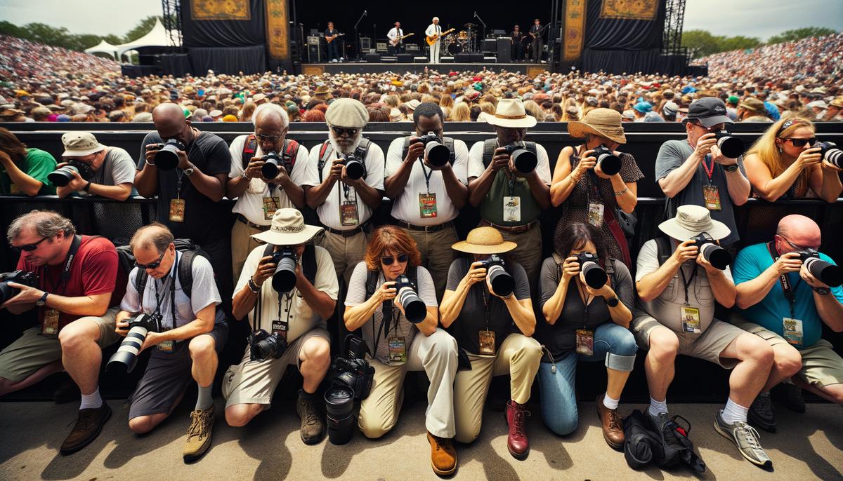 A group of photographers with various cameras positioned in the photo pit at Jazz Fest, capturing performances on stage