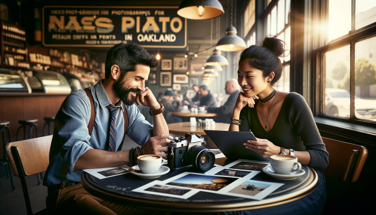 Photographers engaging in casual conversation and sharing portfolios over coffee at a cozy cafe, exemplifying the relaxed networking opportunities available.