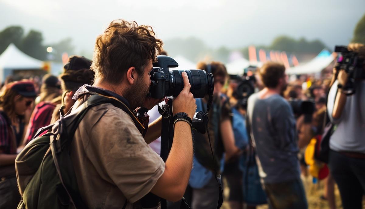 A group of photographers with professional camera gear navigating through a crowded outdoor music festival, capturing live performances and candid moments despite challenging lighting conditions and unpredictable weather