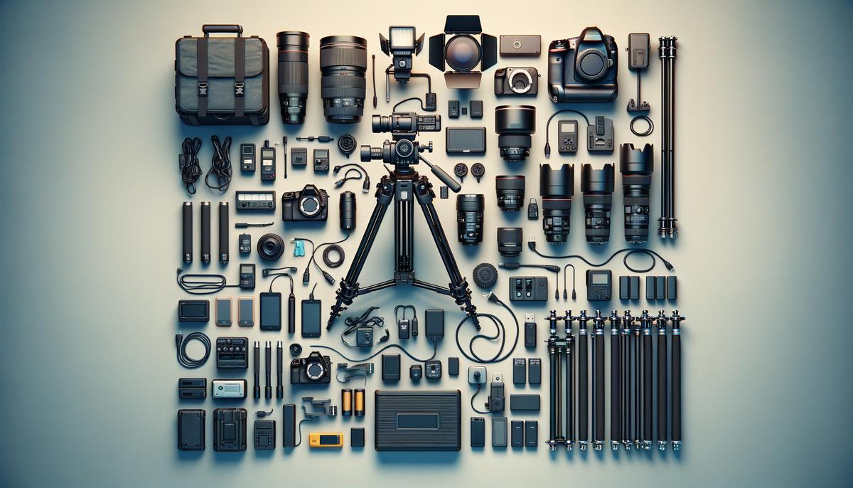 An assortment of essential photography accessories including tripods, lighting equipment, batteries, chargers, and storage solutions arranged on a flat surface.