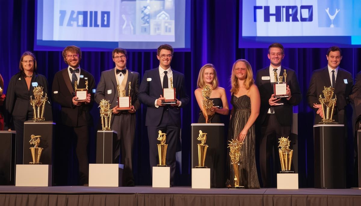 A photography awards ceremony in Minneapolis, with winners receiving trophies on stage