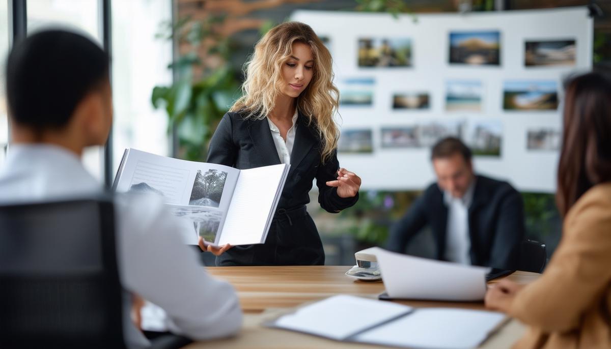 A photographer presenting their portfolio to potential clients in a professional setting