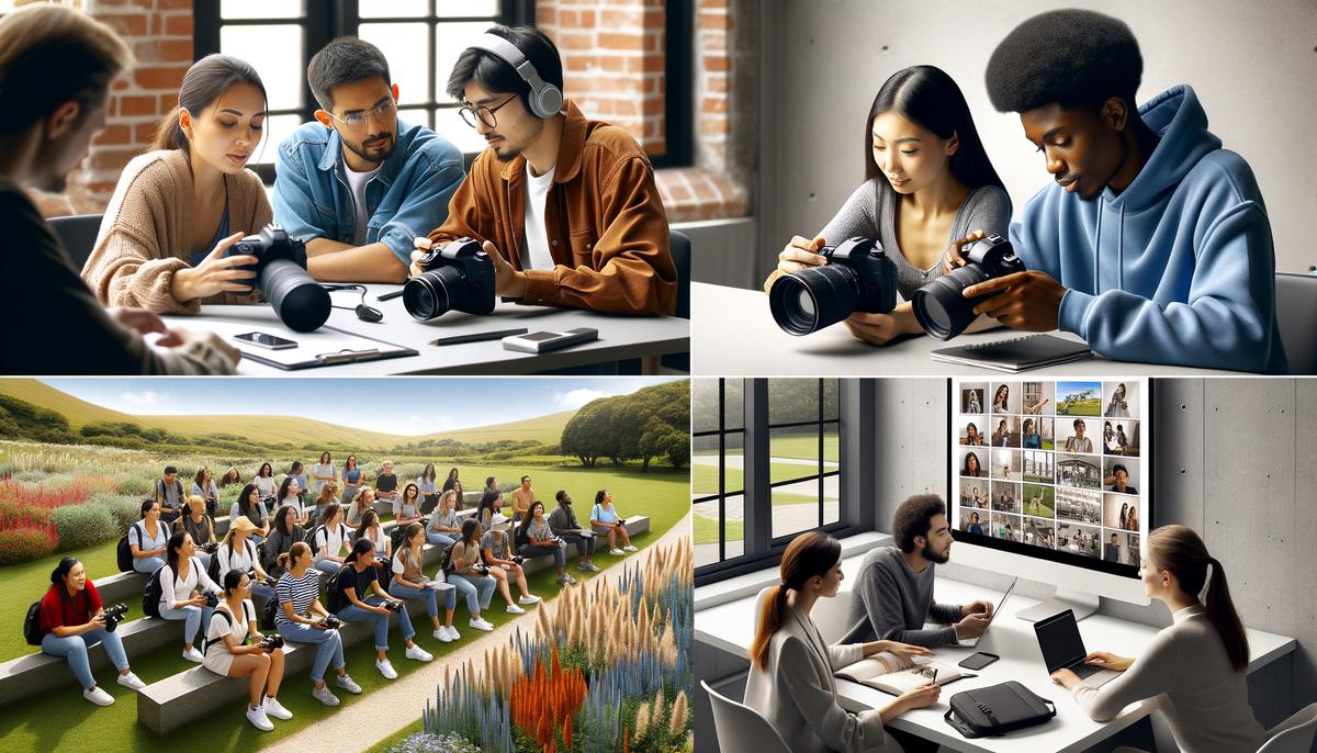 Collage showing different types of photography classes: a private one-on-one session, a group workshop outdoors, an online course on a laptop, and an on-site instruction at a corporate office