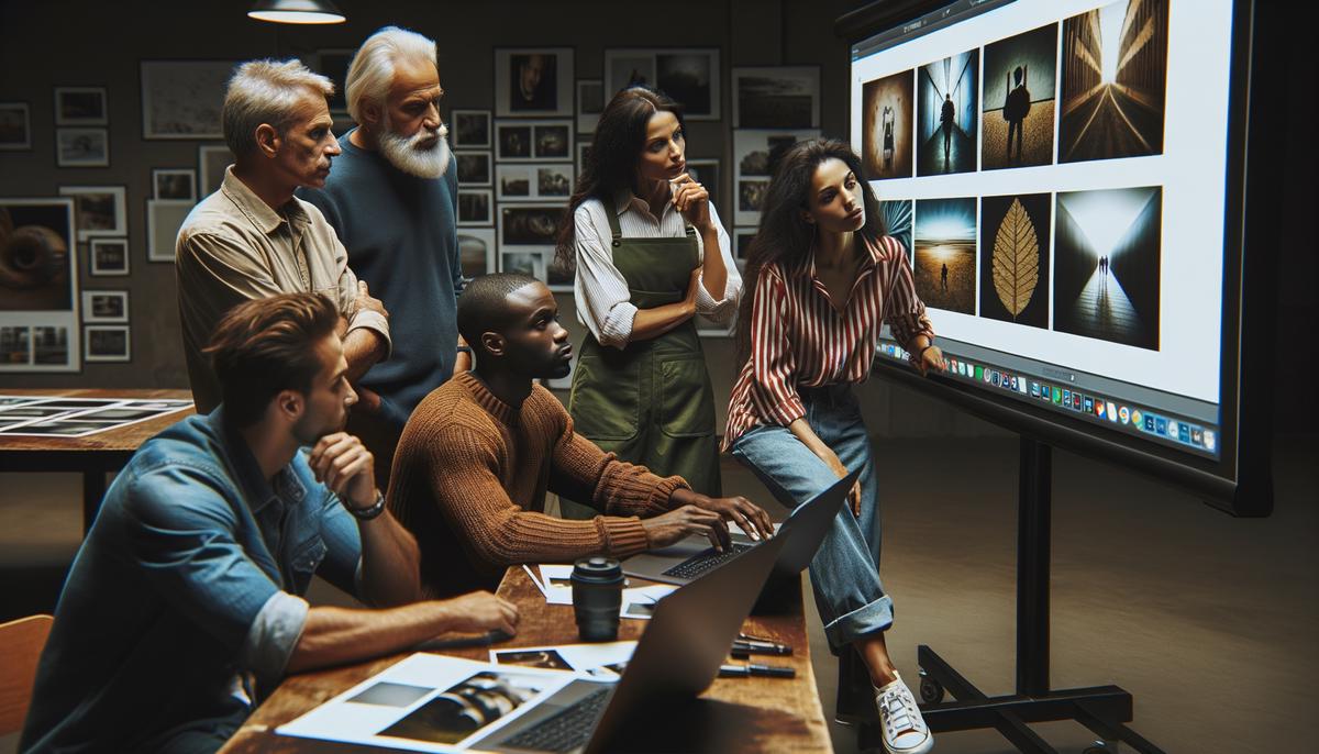 Members of a local photography club engaged in a photo critique session