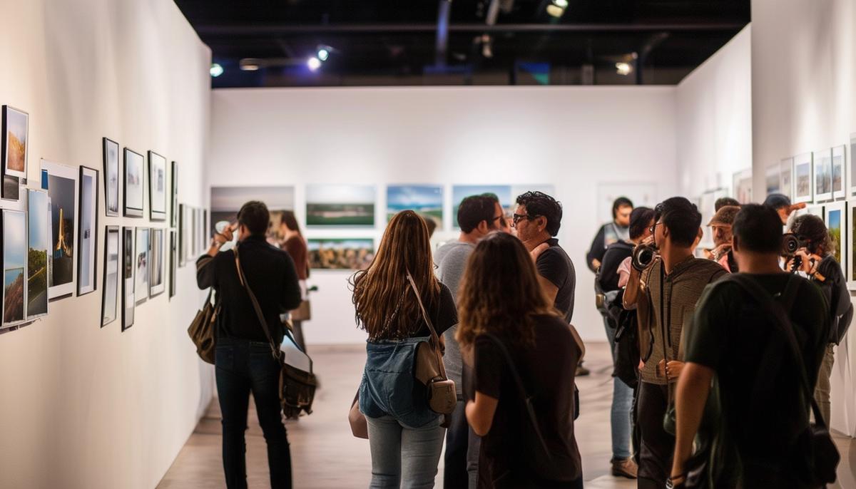 A bustling photography exhibition in San Diego with photographers and visitors viewing displayed works