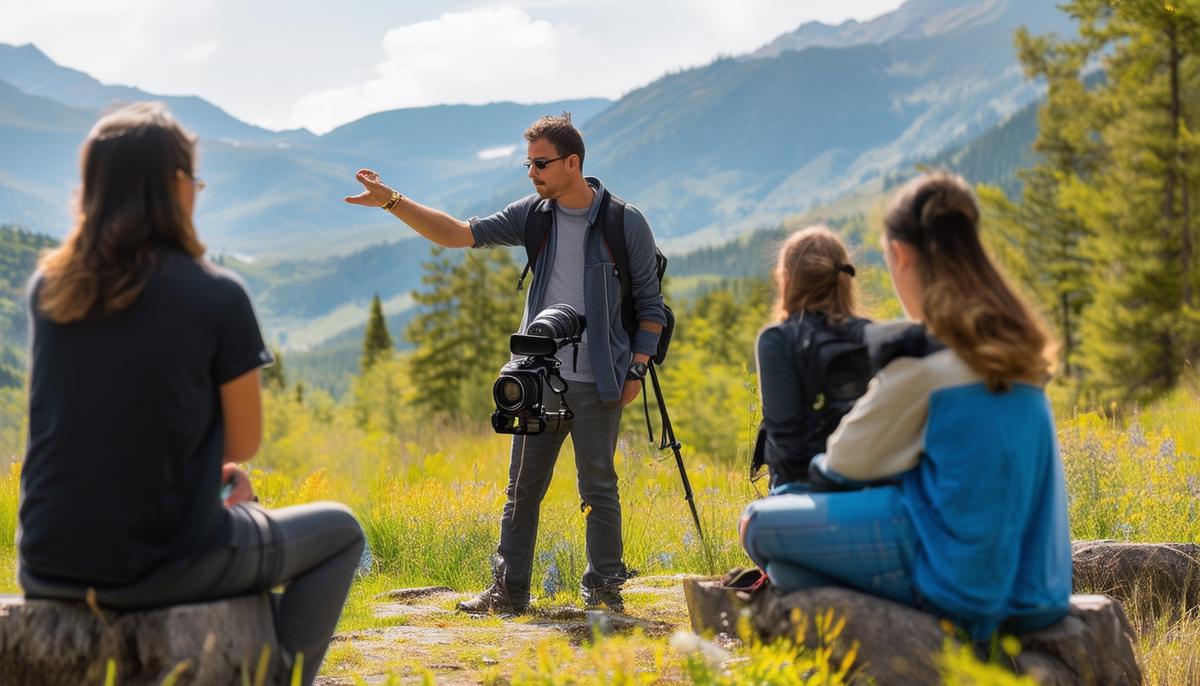 A photographer demonstrating composition techniques to a small group of students in a scenic outdoor setting