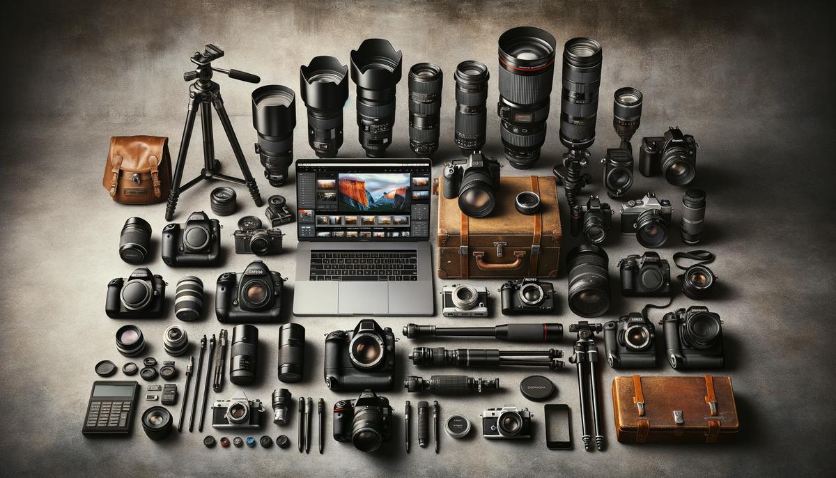 A collection of essential photography equipment, including cameras, lenses, tripods, and editing software, ready for a photography workshop.