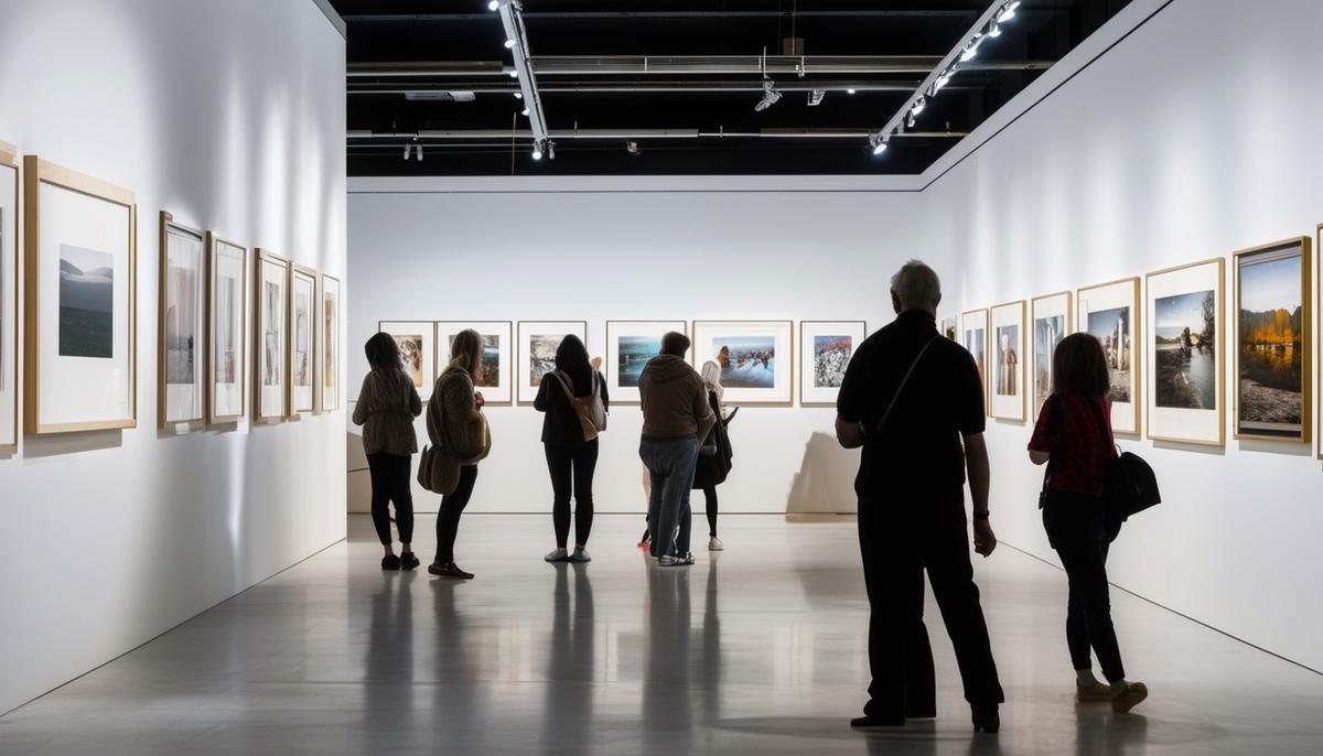 A well-lit gallery space showcasing various framed photographs, with visitors examining the artworks