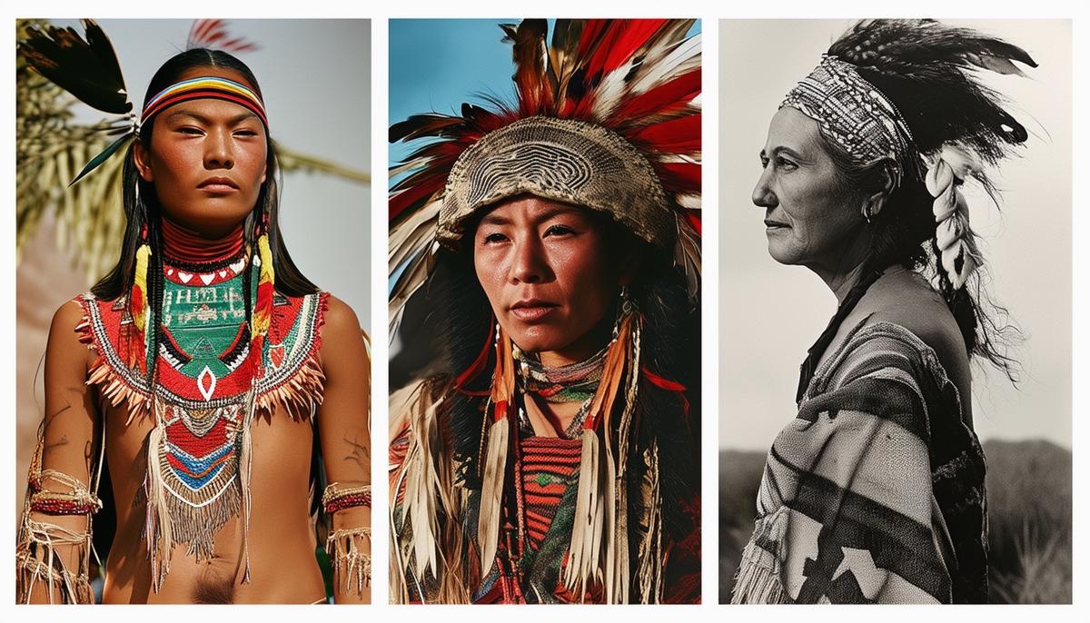 A collage of photographs from upcoming Bay Area exhibitions, including images of the Muwekma Ohlone Tribe, Mexican American portraits by Christina Fernandez, and Irving Penn's iconic fashion and counterculture photographs, illustrating the diverse themes of culture, identity, and history explored in these shows.